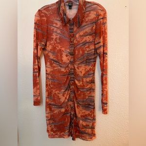 Ruched Mesh Collared Button Up Tie Dye Mini Long Sleeve Dress Wild Fable
